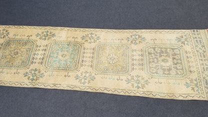 11'9x3' oushak turkish runner rug, vintage runner rug, vintage oushak rug, vintage anatolian rug,unique hand made rug,kitchen runner rug