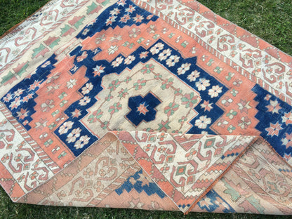 7 x 5 Large Area BOHEMIAN Rug, Vintage Oushak Rug, Special Rug, Oushak Rug, Vintage Turkish Rugs, WOOL RUGS, High Quality  Blue Rugs