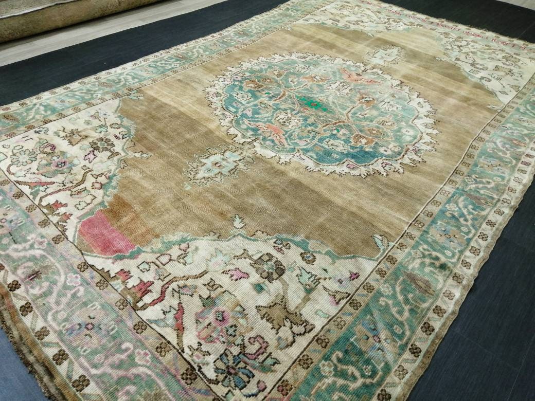 Hand Made Vintage RUG, Turkish Rug Large Area Rug, 6.7 x 10.8 VINTAGE Rug, Oushak  Rug,Hand Knotted Rug, Neutral Rug Antique Rug