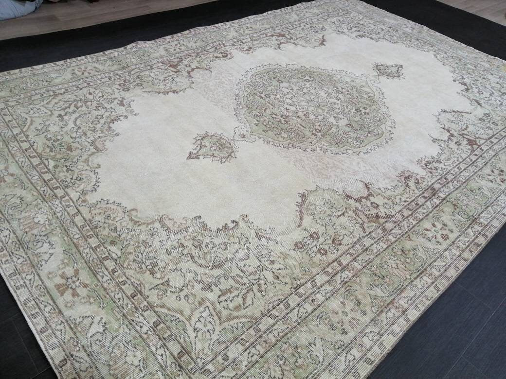 Vintage Rug Neutral TURKISH Muted HAND MADE Rug Muted Rug 6.9 x 10.3 Muted Turkish Oushak Rug, Vintage Oriental Rug, Muted 7x10 Persian Rug