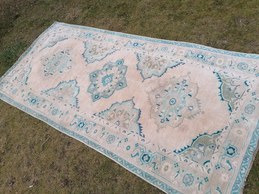 Oushak wool rug 5.4 x 10.8 long faded blue oushak runner rug vintage runner, hallway runner,