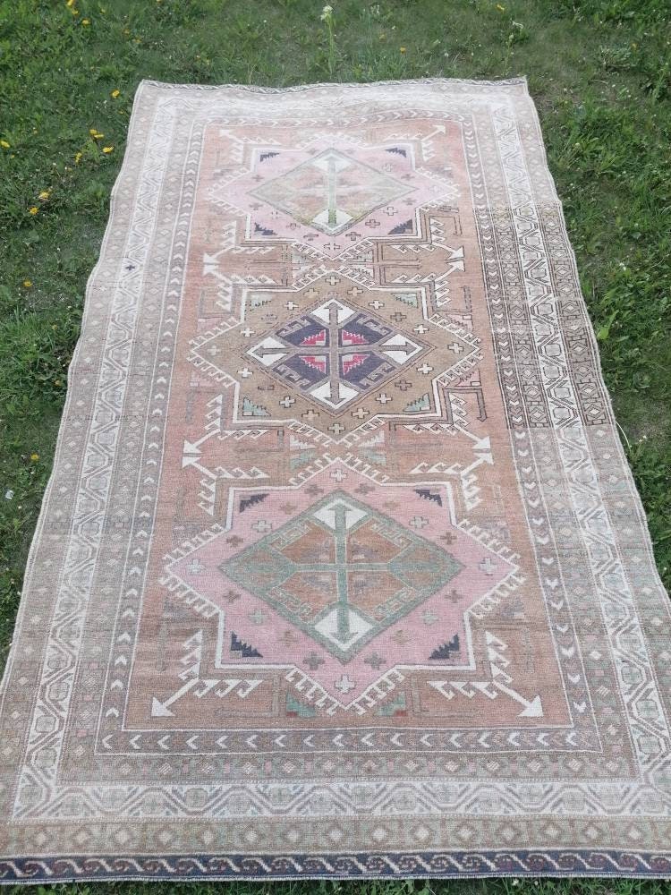 4'7x8 blue and pink wool rug, vintage oushak rug, turkish hand made living room rug