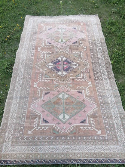 4'7x8 blue and pink wool rug, vintage oushak rug, turkish hand made living room rug