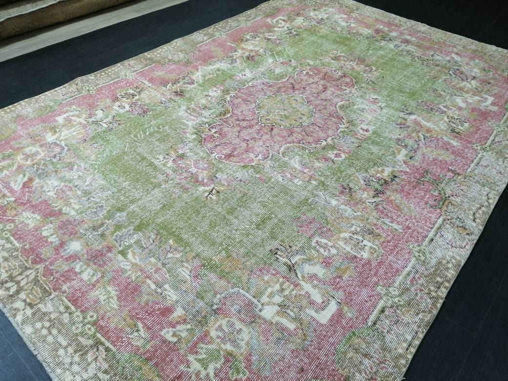 Oriental Rug 10 x 6.7 TURKISH Oushak Rug Vintage Antique Rug Vintage Green and Pink Rug Wool Distressed Rug Hand Made Rug