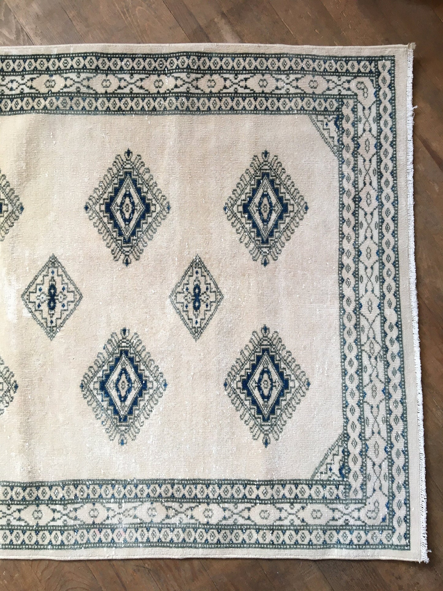 3x5 feet handmade blue turkish rug, oushak white large rug, vintage wool living room area rug, hallway old oriental rug, large floor rugs