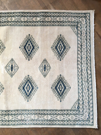 3x5 feet handmade blue turkish rug, oushak white large rug, vintage wool living room area rug, hallway old oriental rug, large floor rugs