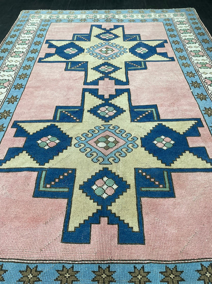 Wool OUSHAK RUG TURKISH 6.6 x 10 Rug  Vintage Oriental Rug Vintage Handmade Rug Wool Vintage Pink and Blue Rug Hand Knotted Rug