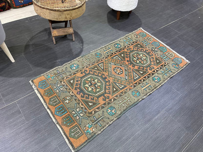 Hand Knotted Runner Rug, Vintage 2 x 4.4 Runner Rug,Handmade Short Runner Rug,Bathroom Runner Rug, Antique Runner Rug, Vanity Runner Rug