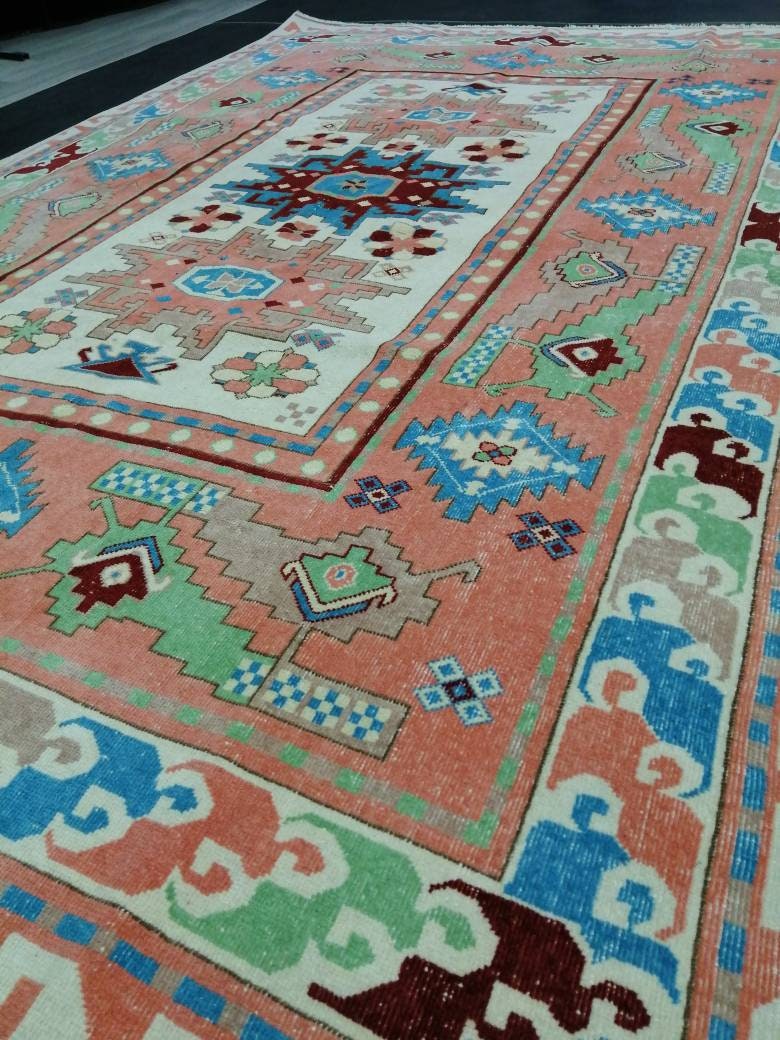 Vintage Runner Rug 6.3 x 10 Blue and Pink Rug Turkish Kitchen Rug Wool Entryway Rug Persian Livingroom Rug Oushak Rug Navy Oriental Rug