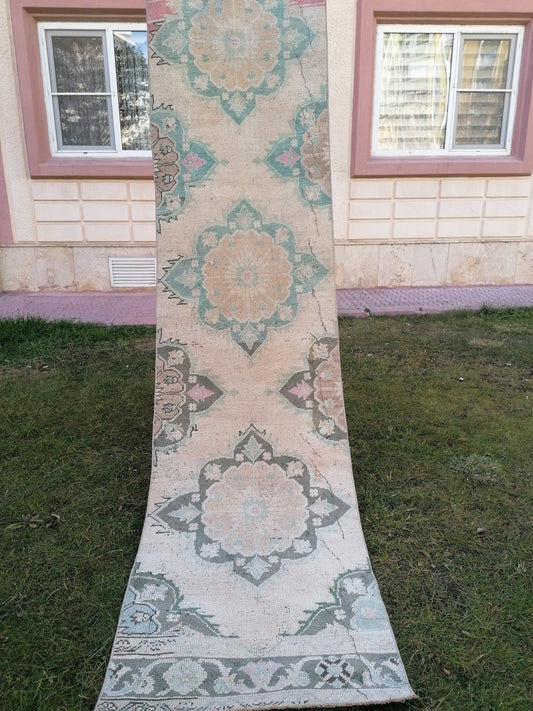 Muted soft colors runner rug 10'7x2'5 vintage turkish runner rug, oushak vintage rug,kitchen rug,vintage anatolian rug,unique hand made