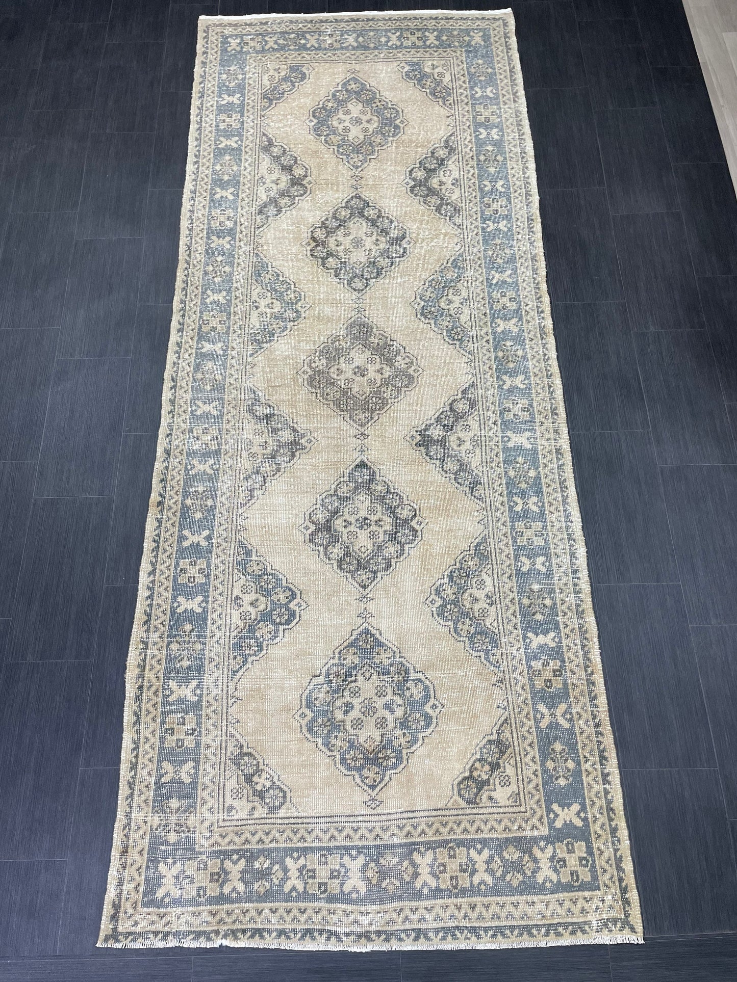 Vintage Hand Knotted Rug Vintage 4.2 x 11  Runner Muted Runner Rug Turkish Runner Rug Vintage Runner Rug Star Kitchen Runner Most See Rug