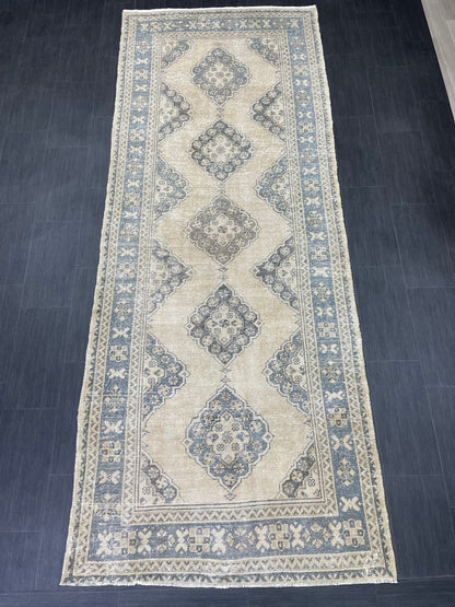 Vintage Hand Knotted Rug Vintage 4.2 x 11  Runner Muted Runner Rug Turkish Runner Rug Vintage Runner Rug Star Kitchen Runner Most See Rug