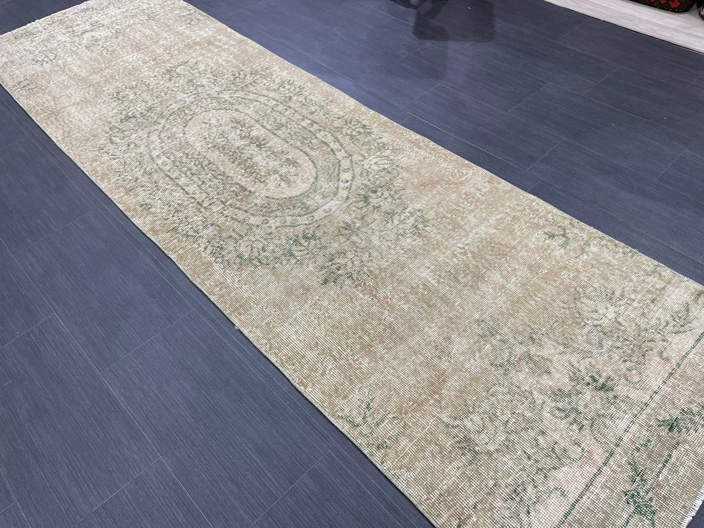 Oushak Runner Rug 2.7 x 9.4 Muted Turkish Runner Rug Green Vintage Neutral Runner Rug Hallway Natural Runner Kitchen Runner Rug Wool Runner