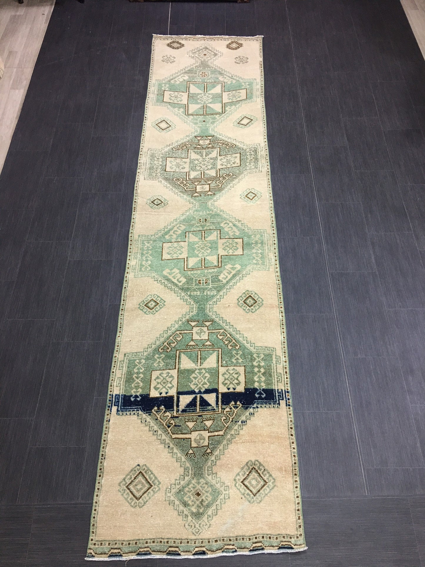 Vintage Hand Made Runner 2.7 x 11.6 Muted Runner Rug Turkish Runner Rug Muted Persian Runner Rug Vintage Rug Oriental Runner Rug Green