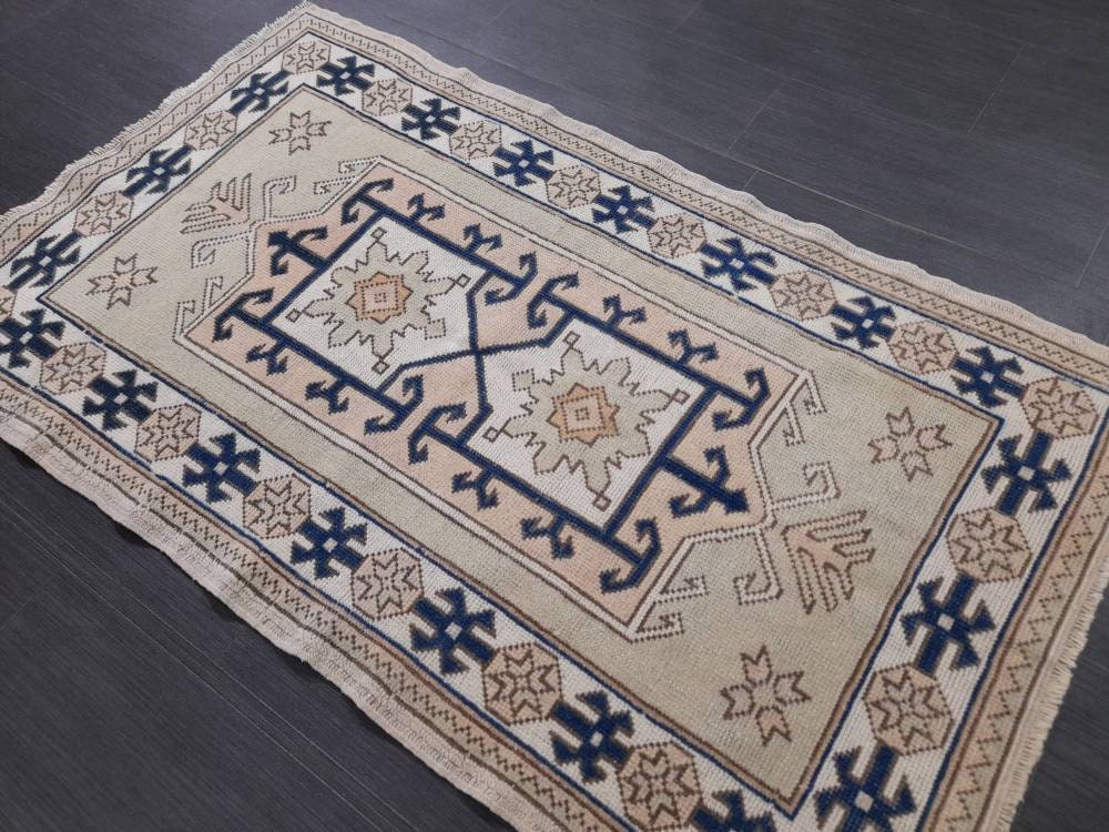 Vintage Turkish Rug, 2.8 x 4.8 Oushak Rug, Wool Oriental Rug, Blue Vintage Persian Rug, Hand Made Rug Vintage Wool Rug