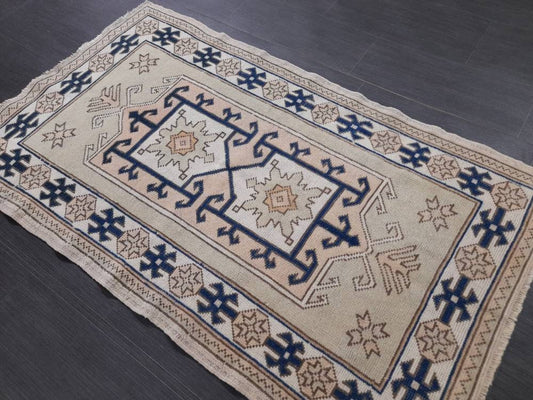 Vintage Turkish Rug, 2.8 x 4.8 Oushak Rug, Wool Oriental Rug, Blue Vintage Persian Rug, Hand Made Rug Vintage Wool Rug