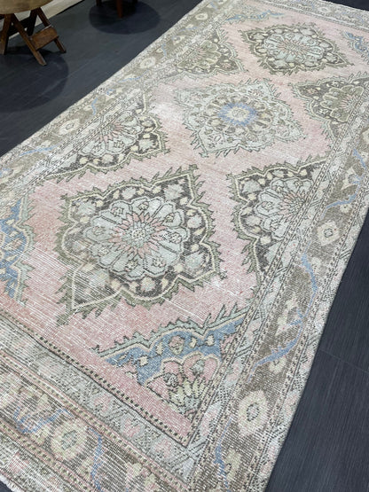 Muted Vintage Runner Rug, Hallway Runner 4.5 x 10 Rug, Kitchen Runner Rug, Muted Wool Runner Rug Muted Distressed Turkish Runner