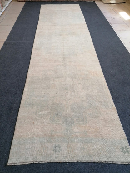 3.3 x 12.9 Turkish runner rug, vintage oushak runner rug,kitchen runner rug, hallway runner rug, Handmade runner