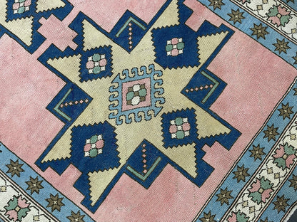Turkish Rug Vintage 6.6 x 9.8 Rug Antique Rug Vintage Blue Pink Rug Wool