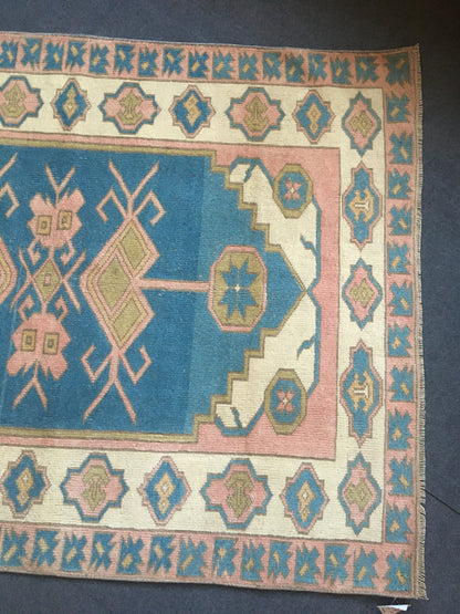 4x6 feet handmade living room area rug, large bedroom floor rug, turkish bathroom rug, hallway big rug, blue wool muted rug, bohemian rugs