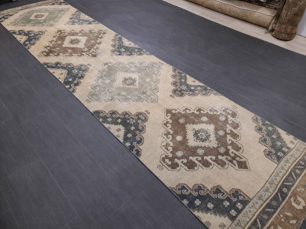 Muted Handmade Runner Rug Muted Turkish Runner Rug 3 x 12.6 Vintage Runner Rug Hallway Runner Rug Kitchen Runner Rug Pale Wool Oushak Runner