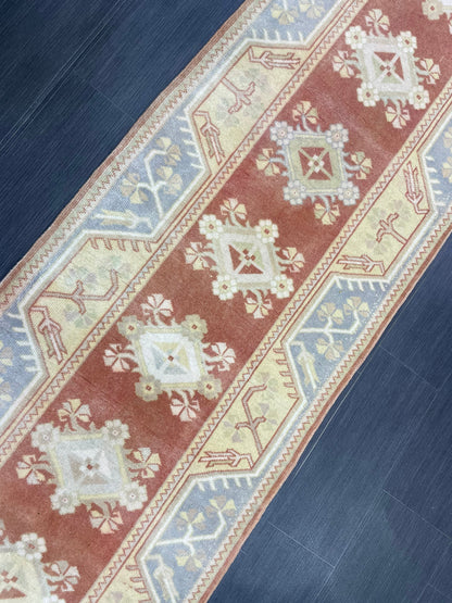 Vintage Hand Knotted Rug, Natural Wool Runner 2.7 x 10.5 Rug, Handmade Runner Rug, Turkish Runner Rug, Muted Runner Rug, Wool Kitchen Runner