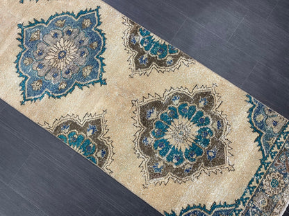 Distressed Handmade Runner Rug 2.8 x 12.4 Turkish Runner Rug Vintage Runner Rug Hallway Runner Rug Kitchen Runner Rug Wool Runner Rug