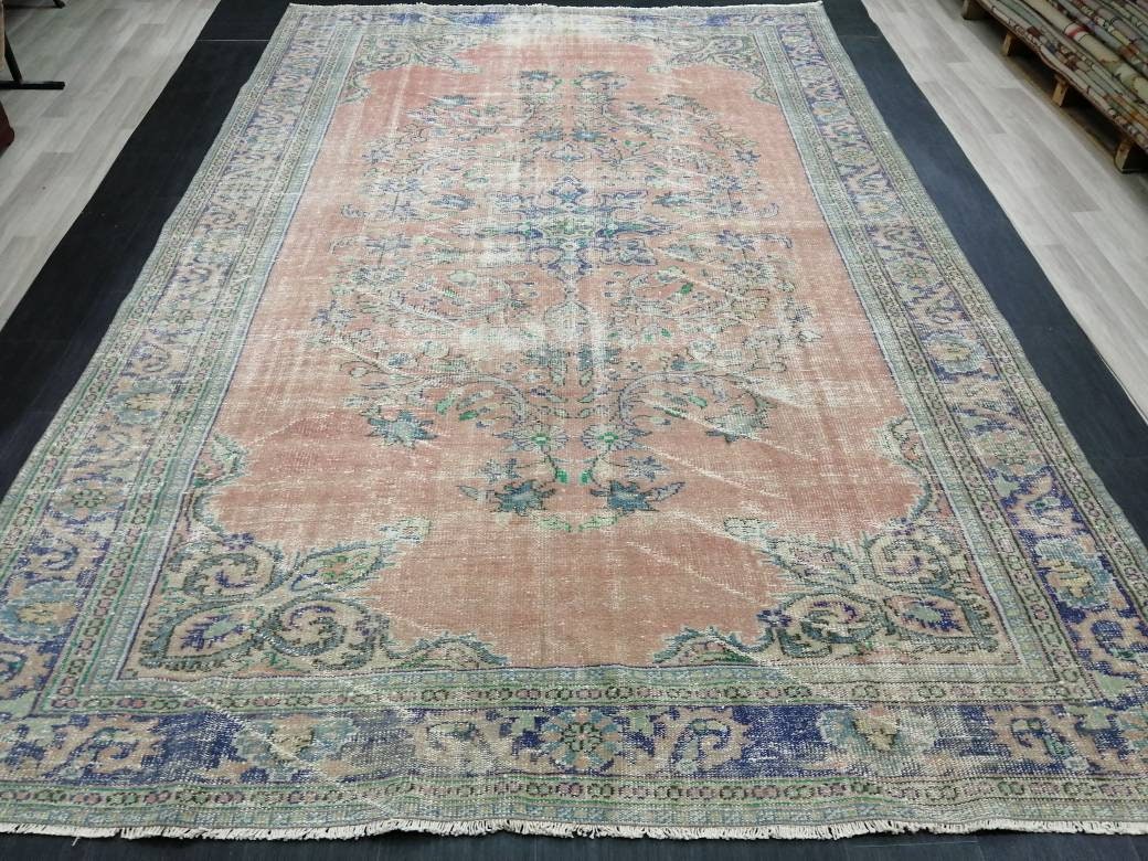 12 x 8 Turkish Rug, Oushak Rug, Muted Wool Rug, 8x12 Large Oushak Rugs,Rusty pink and Blue Orange Rug, Vintage Rug, Muted Hand Made Rug
