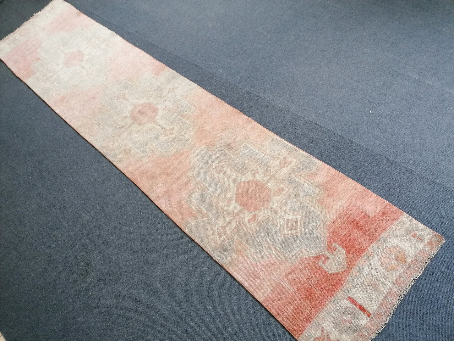 Faded turkish runner rug, 12'3x2'8, soft runner rug, pastel vintage oushak runner rug, kitchen runner rug,hallway runner rug