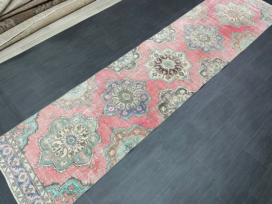 Muted Vintage Runner Rug Vintage Oushak Runner Rug 3 x 12.5  Hallway Runner Rug Turkish Kitchen Runner Rug Antique Wool Oriental Runner Rug