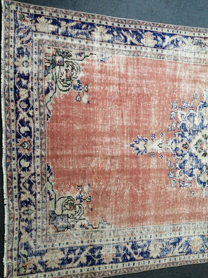 6.2 x 9.8 Large Area OUSHAK RUG TURKISH Oushak Rug Vintage Blue Orange Rug Distressed Wool Oriental Rug Hand Made Rugs Vintage Turkish Rug