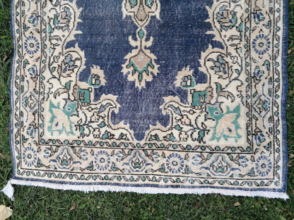 Turkish oushak rug, blue vintage rug 7'2x3'10
