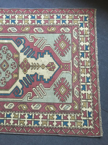 4x6 feet claret red muted vintage kitchen area rug, handmade blue turkish living room carpet, wool bedroom floor wide rug, bathroom area rug