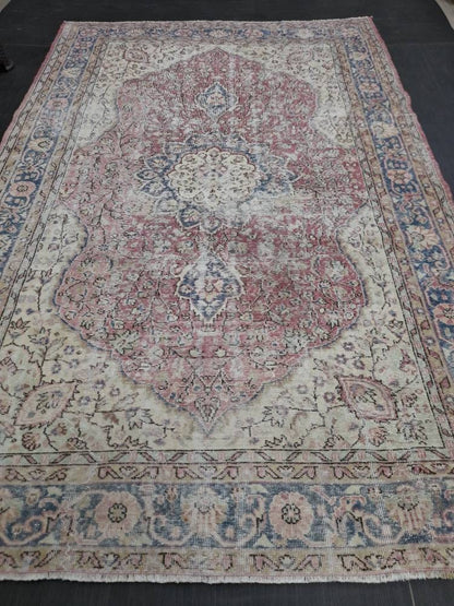 Vintage Turkish Rug 6.6 x 10 Red Vintage Persian Rug Muted Vintage Rug Wool Muted Oushak Rug Hand Made Rugs Vintage Distressed Turkish Rug