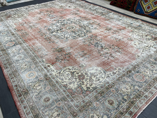 Muted OUSHAK RUG  TURKISH 8.8 x 12 Rug Distressed Vintage  Rug Wool Hand Knotted Rug Large Handmade Rug 8x11 Vintage Turkish 9x12 Rug