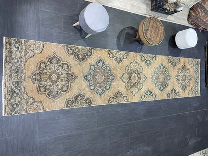 Muted  Handmade Runner Rug, Turkish Runner 2.10 x 13 Rug, Vintage Runner Rug Hallway Runner Rug, Hand Knotted Runner Rug, Persian Runner