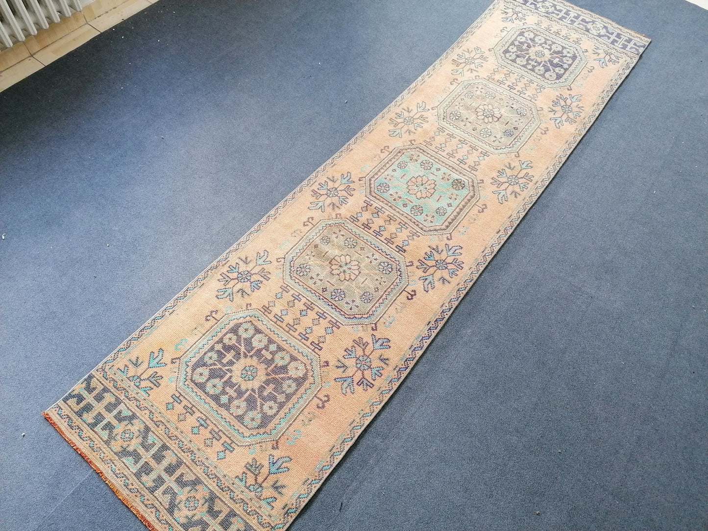 11'x2'10 oushak turkish runner rug, vintage turkish runner rug, oushak vintage rug, vintage rug, kitchen runner rug, vintage anatolian rug