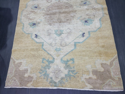Turkish Rug, Oushak Rug, Wool 4 x 5.8 Oriental Rug, Blue Oushak Vintage Persian Rug, Handmade Rug