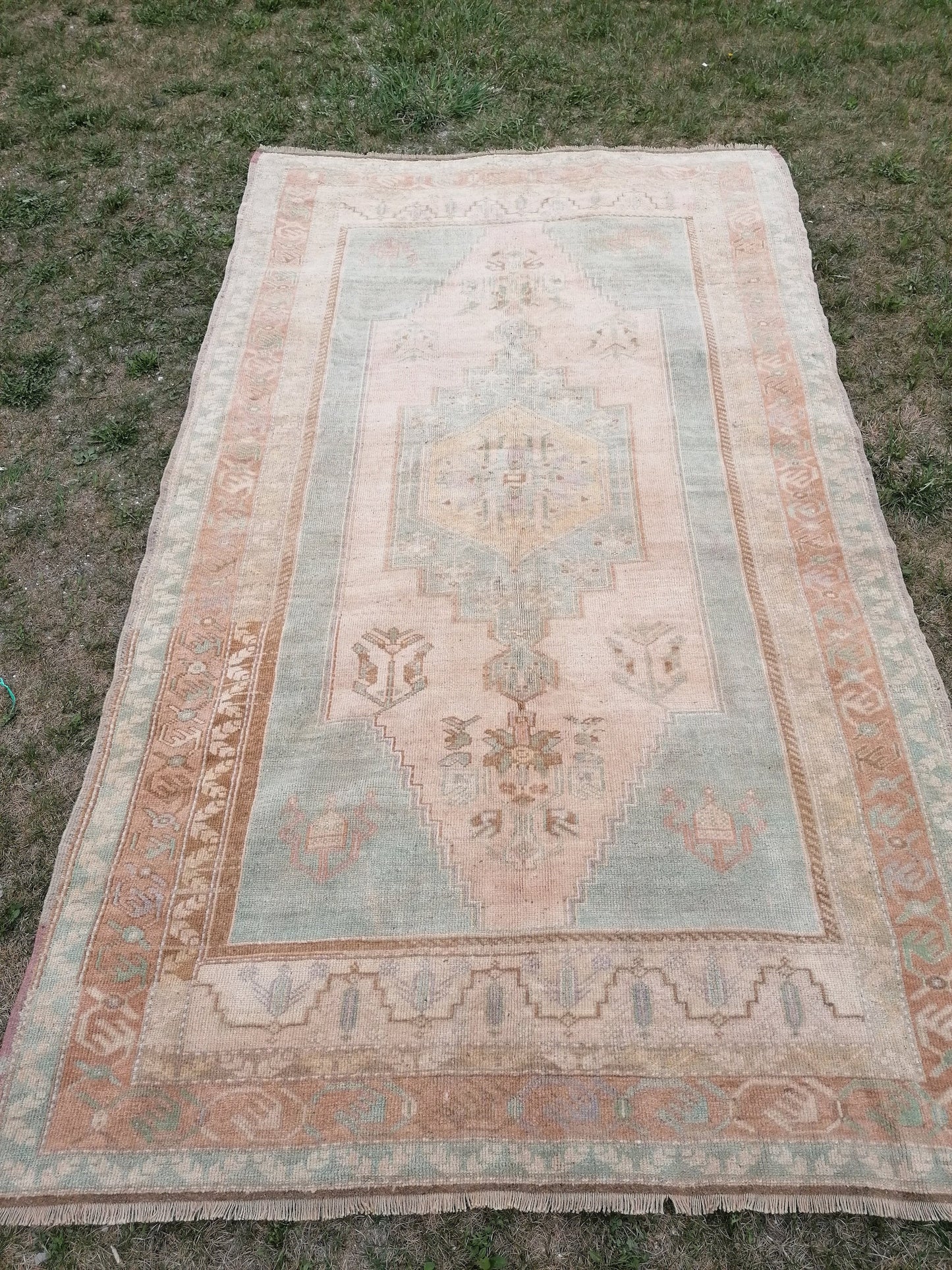 Vintage pastel rug 5'1x9'4 turkish oushak rug, rustic unsual tribal rug retro style rug traditional turkish design