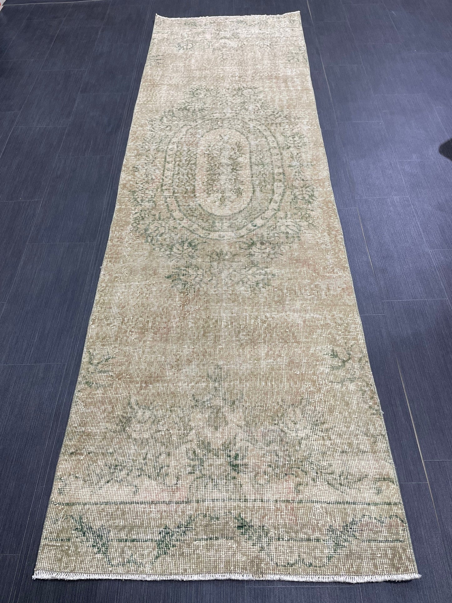 Oushak Runner Rug 2.7 x 9.4 Muted Turkish Runner Rug Green Vintage Neutral Runner Rug Hallway Natural Runner Kitchen Runner Rug Wool Runner