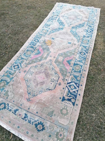 Turkish runner rug 4'7x12'4  blue runner rug,vintage oushak runner rug,kitchen runner rug,hallway runner rug,vintage runner rug