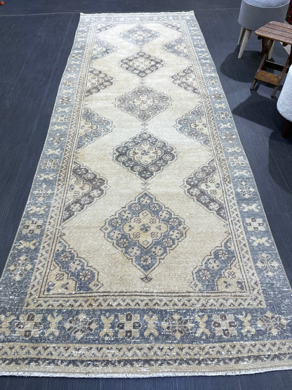 Hand Knotted Runner Rug Turkish Runner 3.8 x 10.8 Rug Vintage Gray Blue Runner Rug Hallway Runner Kitchen Runner Country modern Runner Rug