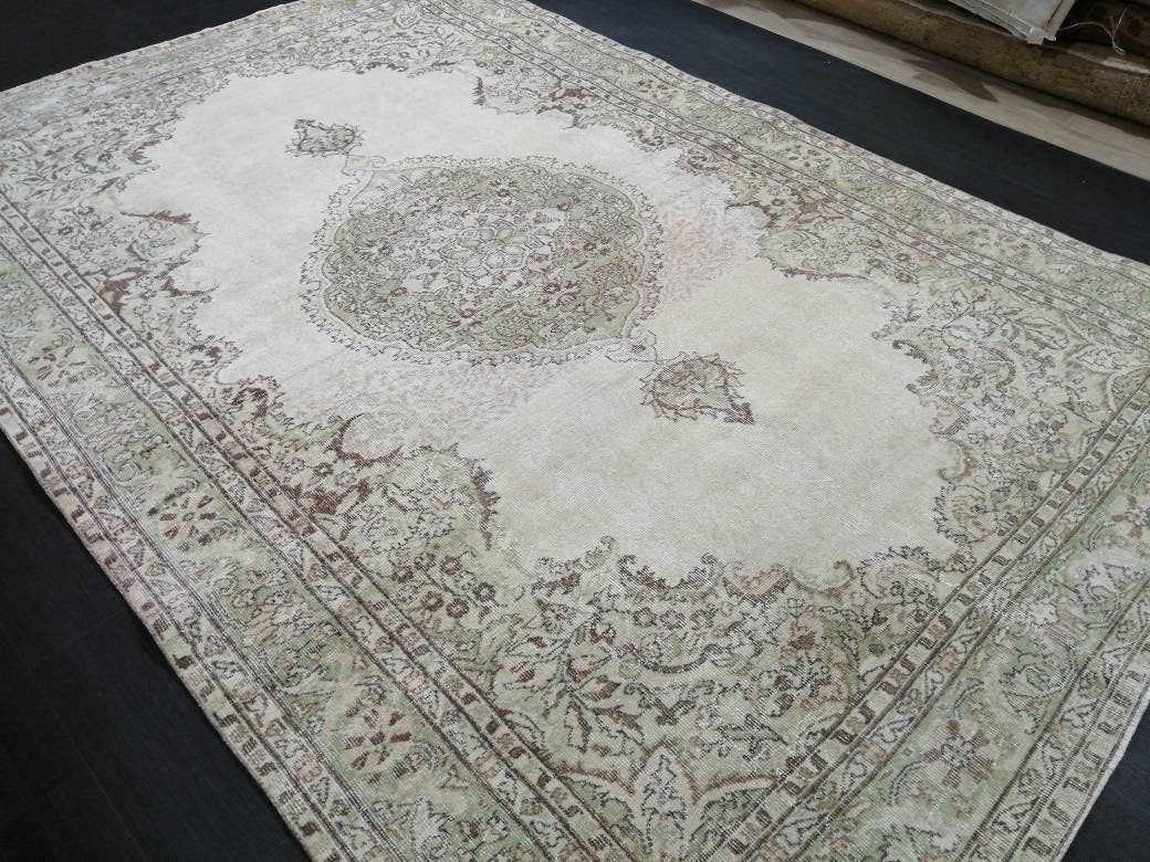 Vintage Rug Neutral TURKISH Muted HAND MADE Rug Muted Rug 6.9 x 10.3 Muted Turkish Oushak Rug, Vintage Oriental Rug, Muted 7x10 Persian Rug