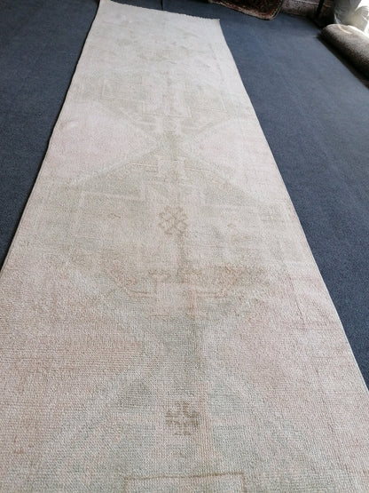2'8x12 oushak turkish runner rug, hallway runner rug, hand made rug, oushak vintage runner rug, vintage rug, vintage anatolian rug