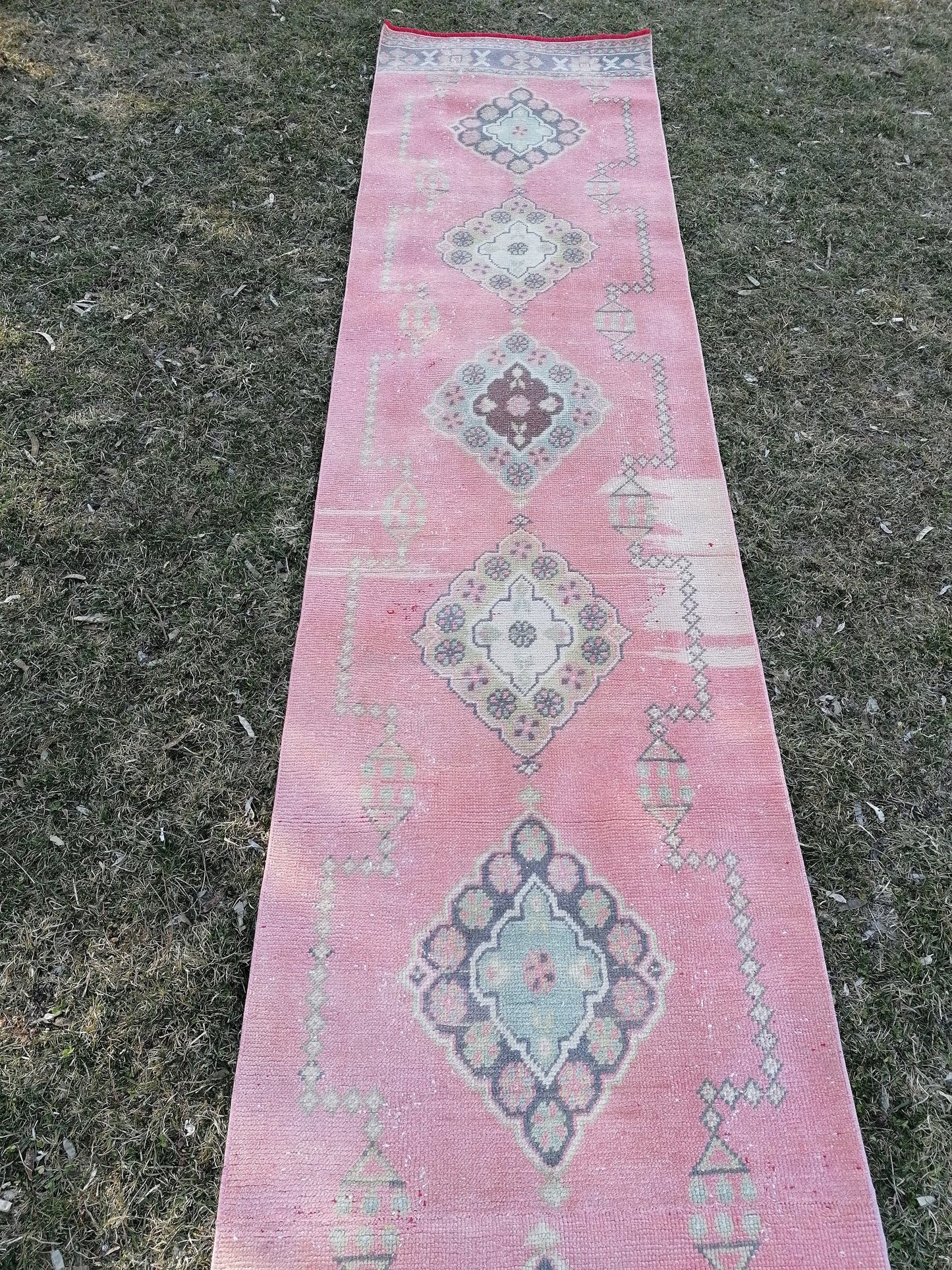 Vintage runner rug 2.10 x 22.10 pink runner rug, oushak wool handmade runner
