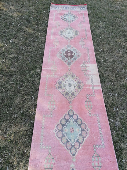 Vintage runner rug 2.10 x 22.10 pink runner rug, oushak wool handmade runner