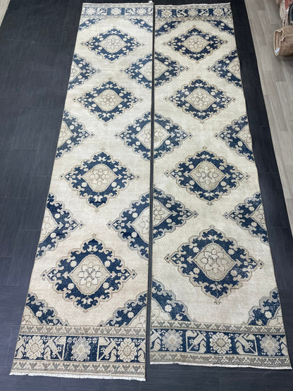 WOOL Hand Knotted Runner Rug Turkish Runner Rug 2.8 x 12.7 Muted Vintage Hallway Runner Rug Kitchen Runner Rug Persian Runner Rug Navy