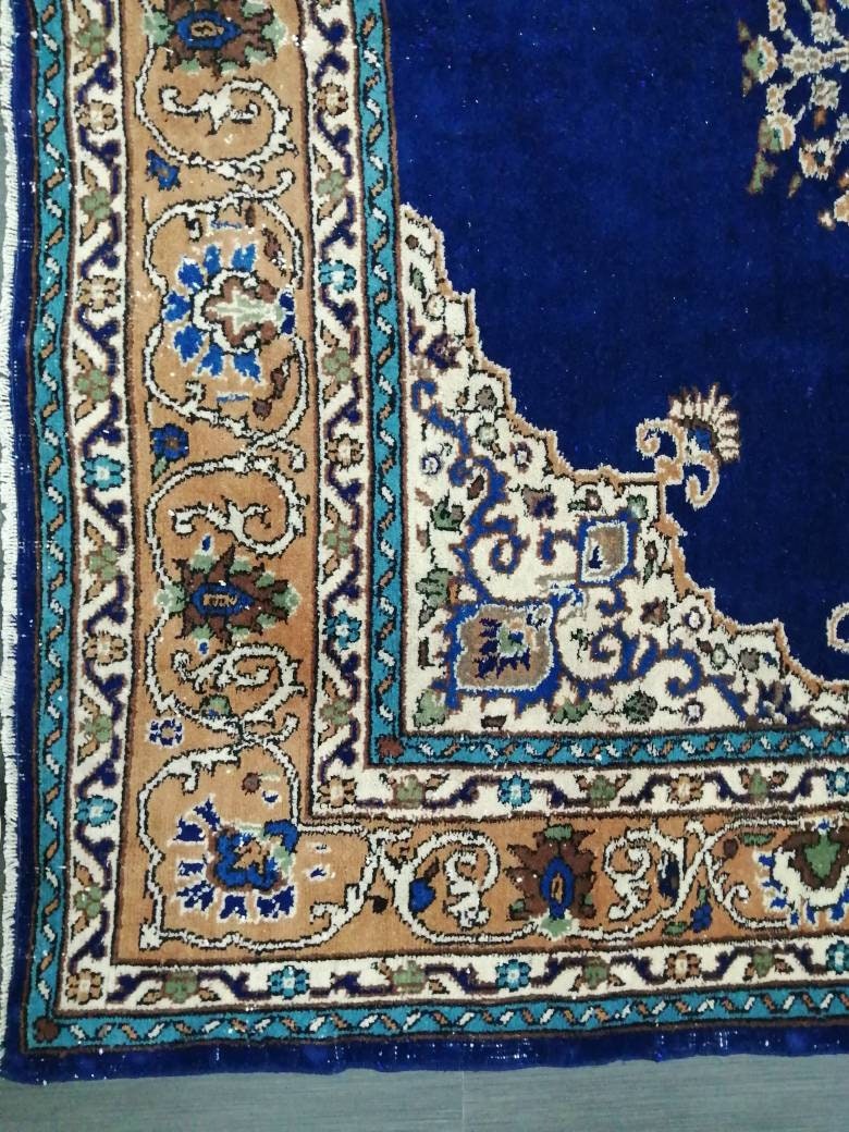 Navy High Wool Pile Vintage RUG 7 x 9.8 TURKISH Rug Vintage High Pile Oushak  Rug Vintage Rug Wool Oushak Rug Blue Rugs Persian Rug 7x10 rug