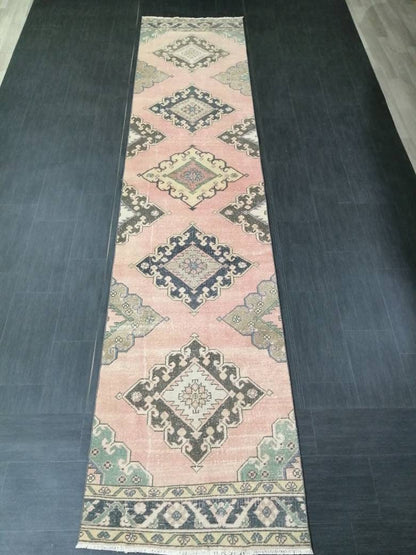 Muted Vintage Runner Rug 2.9 x 13 Vintage Persian Runner Rug Distressed Hallway Runner Rug Turkish Kitchen Runner Rug Antique Wool Runner