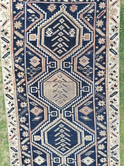 Persian runner rug, navy runner rug, blue vintage runner 3'2x9'8 handmade runner, hallway runner, kitchen rug